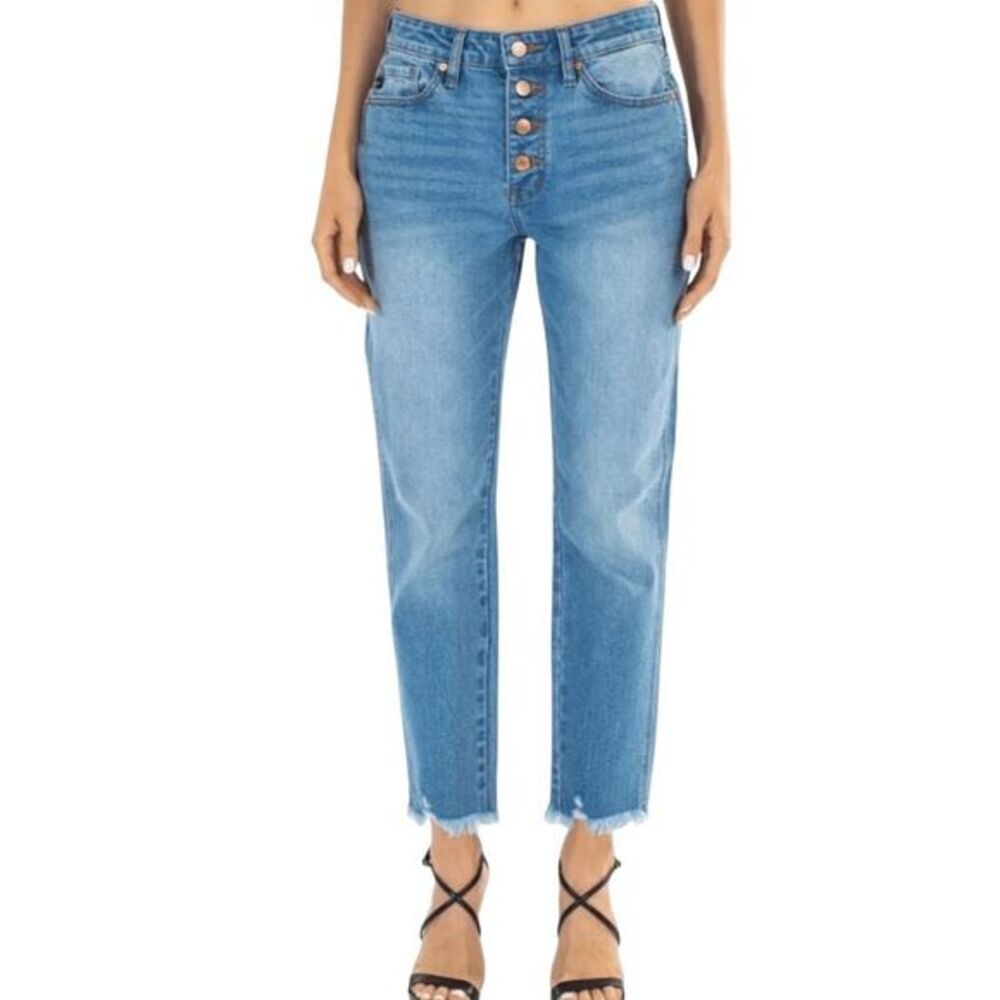 KanCan Women's High Rise Button Fly Raw Hem Relaxed Stretch Mom Jeans Size 7/27